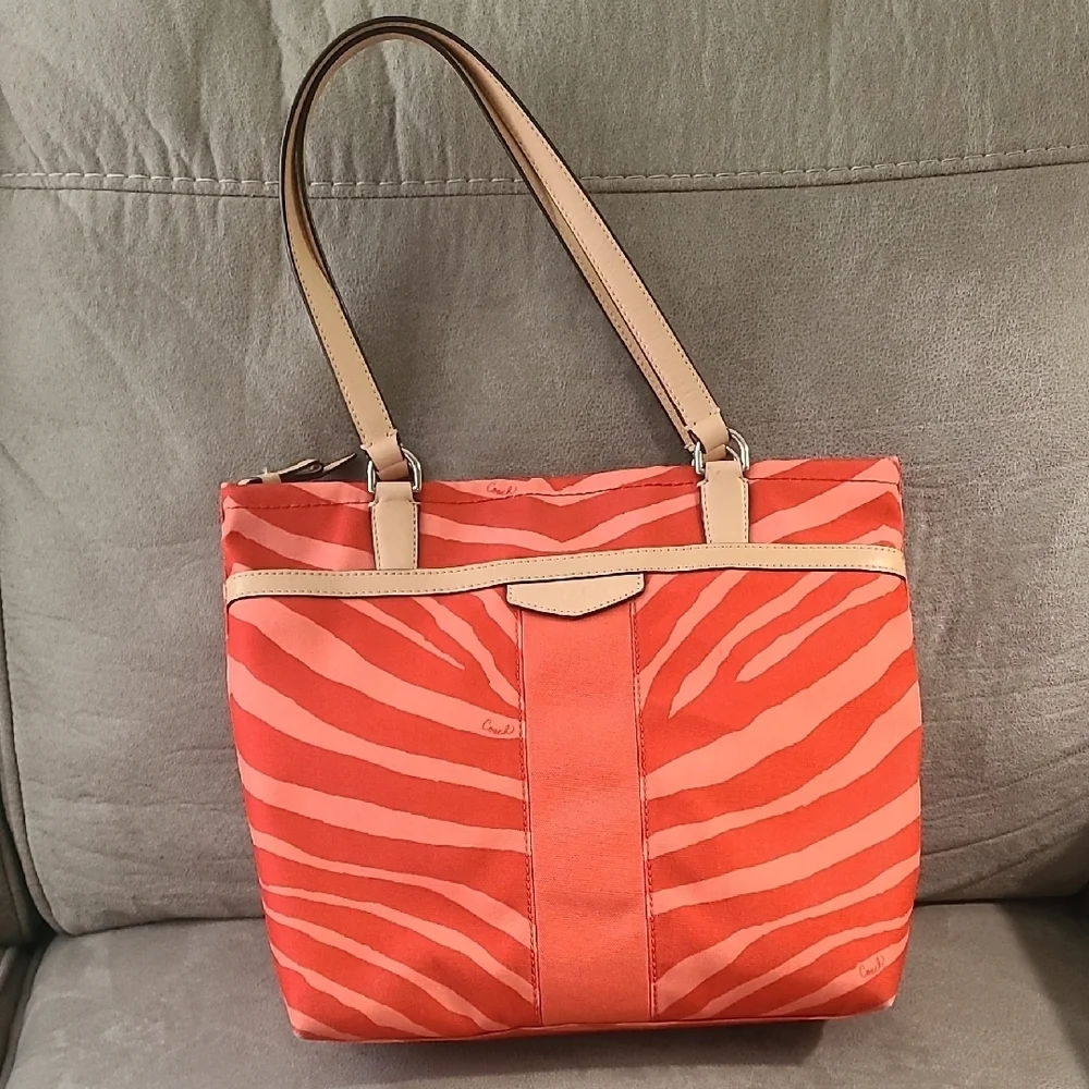 Coach Coral Orange Zebra Print Canvas & Leather Tote Bag Worn Used Vtg